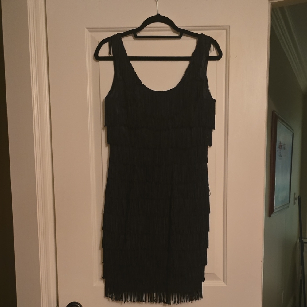 Roberta Bridal Elegant Black Fringe Mini Dress